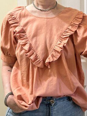 DOWNEAST ~ Salmon Colored Ruffle Peasant Top